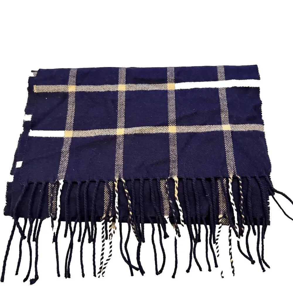 Vtg Men’s Blue Plaid Cashmere Feel Scarf Fringe 13